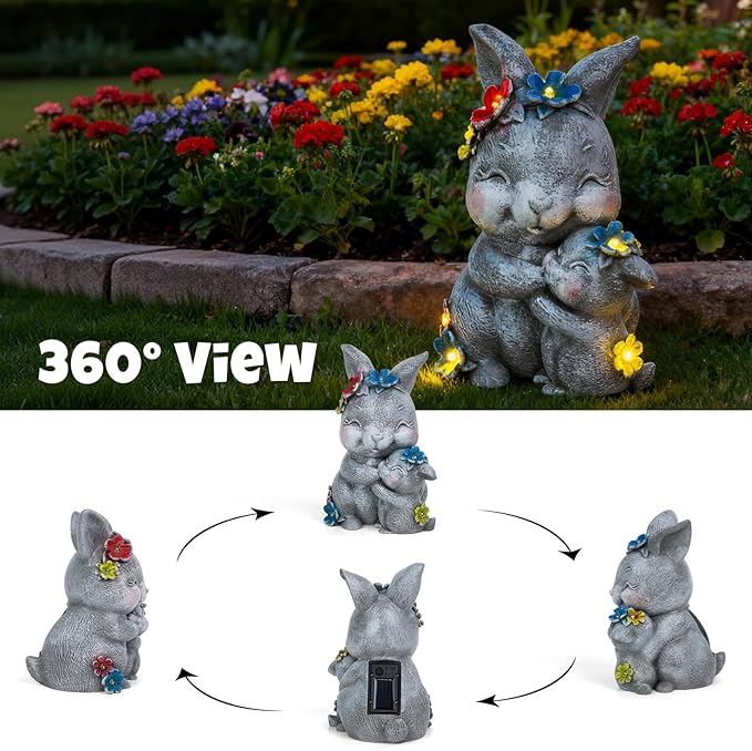 Solar Garden Statue Light, 8 inch Resin Rabbit Figurine with Flowers Outdoor Decor for Patio, Lawn, Yard, Housewarming Birthday Gifts Gift for Bunny Lovers, Mom, Grandma, Women (Grey Rabbit)