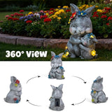 Solar Garden Statue Light, 8 inch Resin Rabbit Figurine with Flowers Outdoor Decor for Patio, Lawn, Yard, Housewarming Birthday Gifts Gift for Bunny Lovers, Mom, Grandma, Women (Grey Rabbit)