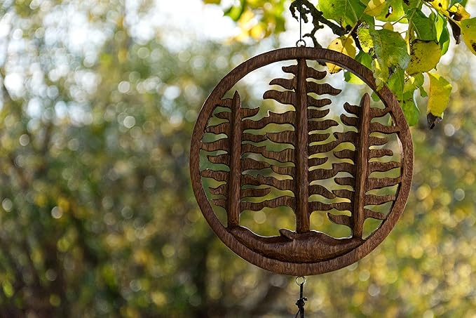 Cohasset Gifts Bamboo Wind Chime | #272F | Three Tree Forest Bamboo Wind Chime | Wood, Outdoor, Home Décor for Decks, Garden, Porch | Hand Carved Brown Mahogany Finish |