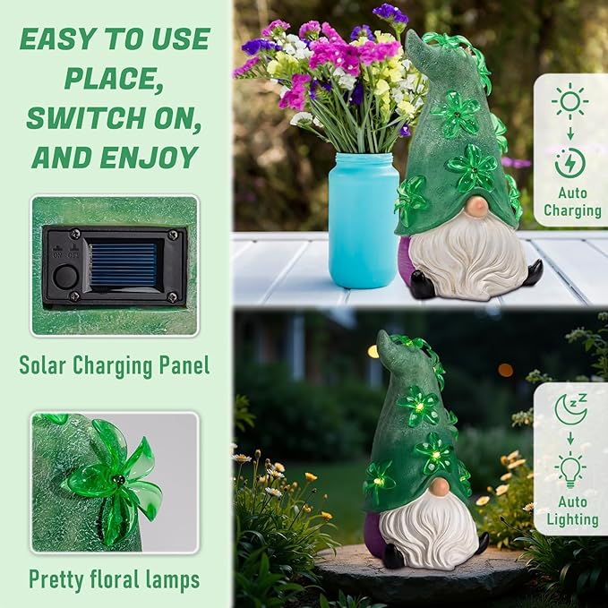 twinbling Large Garden Gnome Statue with Solar Lights, Outdoor Patio,Lawn,Yard,Balcony Garden Decor (6.5"*6.7"*11")