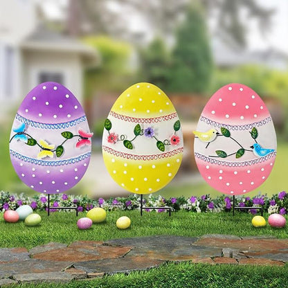 Easter Decorations Outdoor,3 Pack Metal Egg Yard Stake Signs for Outside,Cute Easter Happy Eggs Decorations Outdoor for Lawn,Garden Stakes for Spring