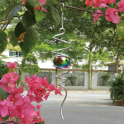 Fonmy Gazing Ball Spiral Tail -Decorative Wind Spinner 11 inch Tail and 2 inch Steel Orb. Indoor Outdoor Garden Decoration Silver Multi Color Ball -13 inch Height