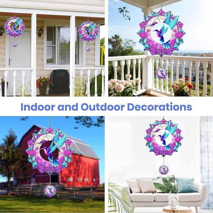 MXJSUA Hummingbird Wind Spinners for Indoor Outdoor Garden Decoration, 12 Inch Hummingbird Stainless Steel Hanging Wind Spinners Ornaments Crafts for Gifts
