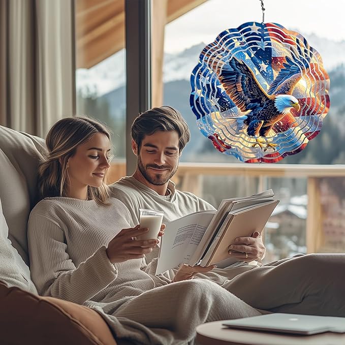Eagle Flag Wind Spinner Outdoor, USA 250th Anniversary Wind Chime, 8 Inch 3D Metal Garden Wind Spinner, Stainless Steel Patriotic Yard Hanging Decor Gift