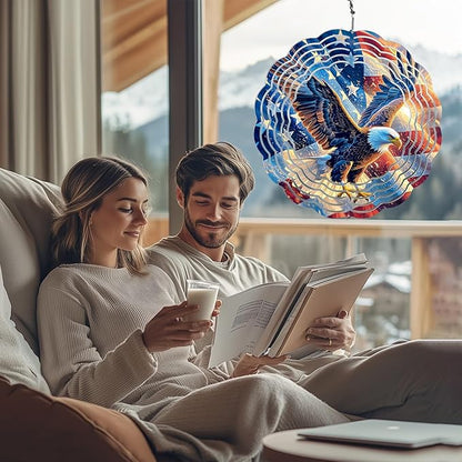 Eagle Flag Wind Spinner Outdoor, USA 250th Anniversary Wind Chime, 8 Inch 3D Metal Garden Wind Spinner, Stainless Steel Patriotic Yard Hanging Decor Gift