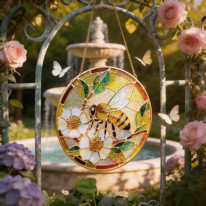 LITIVY Stained Glass Window Hanging, Spring Bees & White Dog Rose Suncatcher – Mother’s Day Memorial Gift, Handmade Glass Panel 8 Inch, Whimsical Garden Suncatchers & Rainbow Maker for Women
