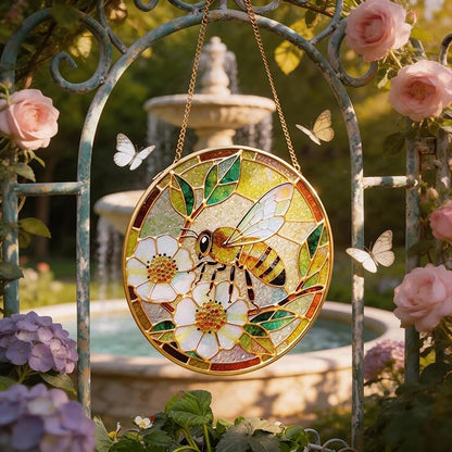 LITIVY Stained Glass Window Hanging, Spring Bees & White Dog Rose Suncatcher – Mother’s Day Memorial Gift, Handmade Glass Panel 8 Inch, Whimsical Garden Suncatchers & Rainbow Maker for Women