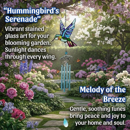 Wind Chimes for Outside, Blue Stained Glass Hummingbird Wind Chime, Deep Tone Memorial Gifts for Women Mom Grandma, Durable Metal Garden Patio Yard Window Decoration