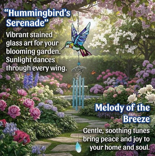 Wind Chimes for Outside, Blue Stained Glass Hummingbird Wind Chime, Deep Tone Memorial Gifts for Women Mom Grandma, Durable Metal Garden Patio Yard Window Decoration