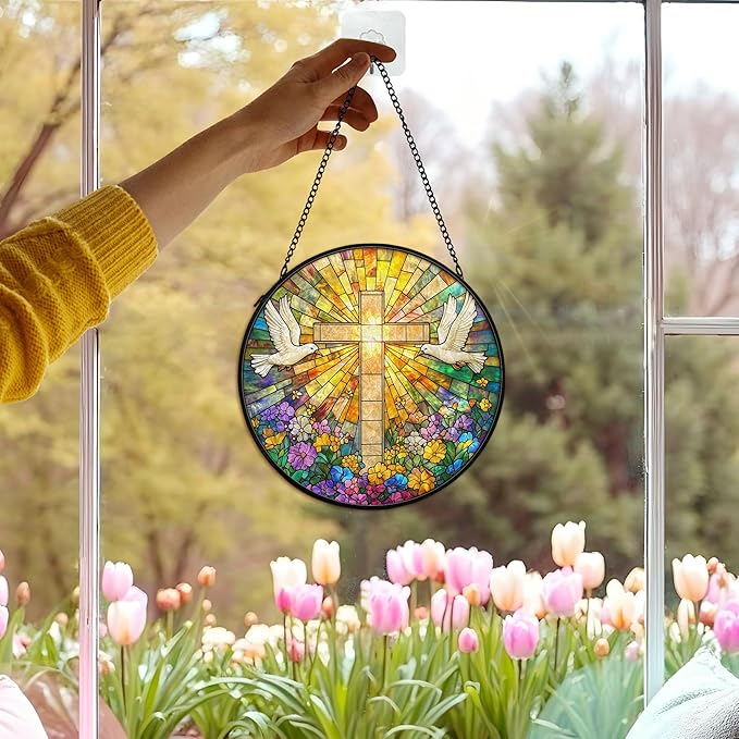 Christian Suncatcher Stained Glass Cross Window Hanging Wall Decor, Christmas Religious Gifts for Women, Easter Religious Wildflower Bird Garden Lawn Sun Catchers for Window Hanging, 7.9x7.9In