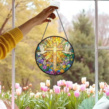 Christian Suncatcher Stained Glass Cross Window Hanging Wall Decor, Christmas Religious Gifts for Women, Easter Religious Wildflower Bird Garden Lawn Sun Catchers for Window Hanging, 7.9x7.9In