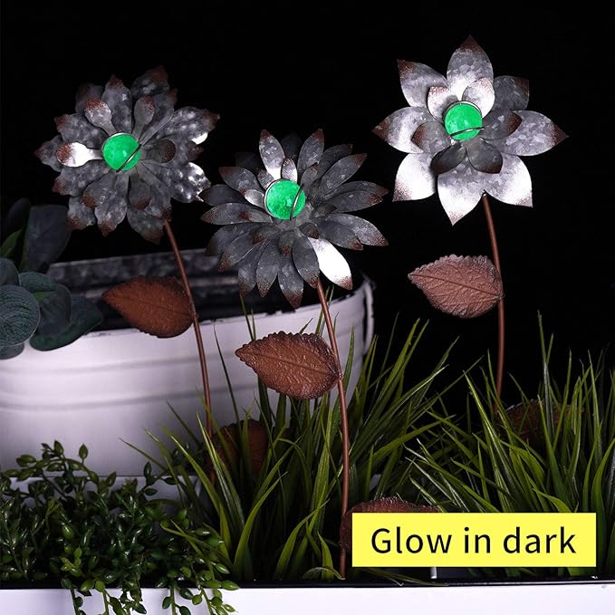 Garden Stakes Decorative, Metal Flowers for Outside, Glow in Dark Yard Lawn Ornaments Plant Pot Flower Bed Decor, Patio, Set of 3, Silver