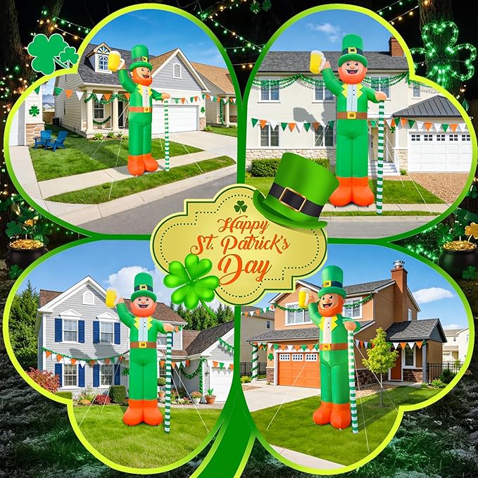 12Ft Giant St. Patrick's Day Blow Up Inflatable Leprechaun Takes a Beer St Patricks Day Inflatable Yard Decorations St Patricks Blow Up Inflatable for Outdoor Garden Lawn Party(with Drawstring Bag)