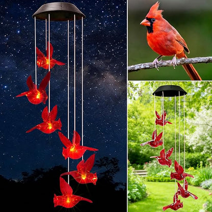 Cardinal Solar Wind Chimes for Outside,2 Pack Cardinal Gifts for Women Mom Mother,Solar Red Bird Memorial Wind Chimes,Solar Powered Wind Chime Waterproof,Red Bird Decor for Garden Patio Outdoor Porch