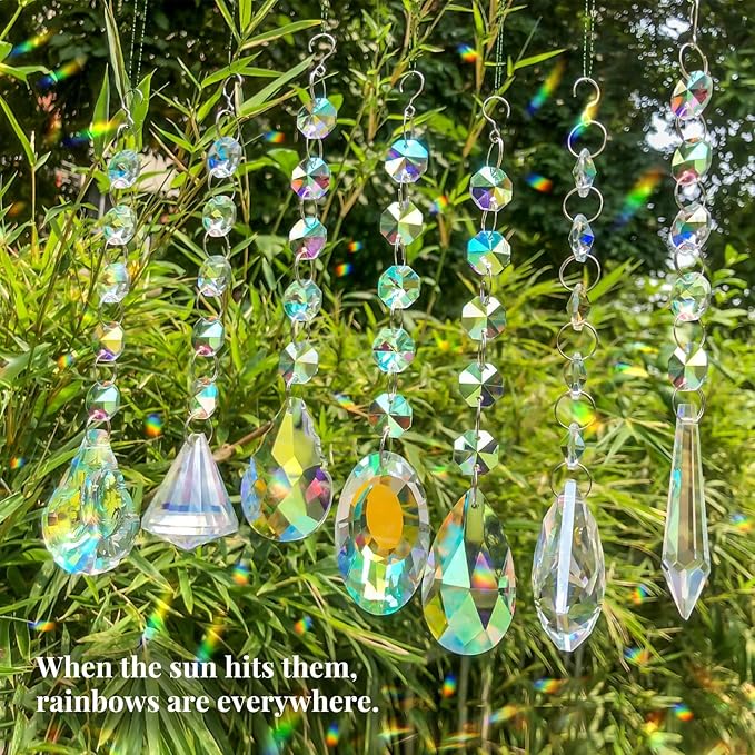 Sun Catchers with Crystals, 7 Pcs Hanging Crystals Suncatchers for Windows, Colored Suncatchers Prisms Glass Pendant for Chandeliers, Garden, Christmas Tree Decoration
