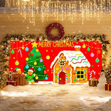 IVN Merry Christmas Garage Door Banner 13x6ft Gingerbread House Christmas Tree Candy Decoration Outdoor Winter Photo Prop for Holiday Yard Garage Door Scene