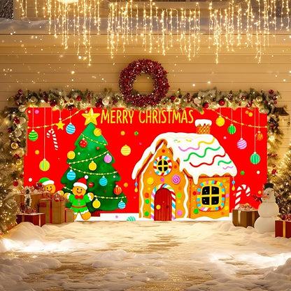 IVN Merry Christmas Garage Door Banner 13x6ft Gingerbread House Christmas Tree Candy Decoration Outdoor Winter Photo Prop for Holiday Yard Garage Door Scene