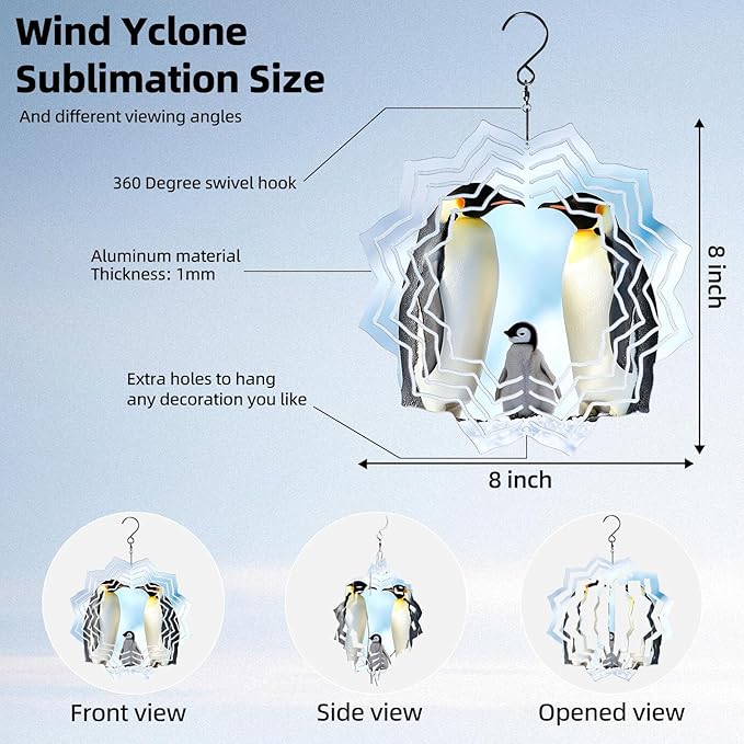 8 Inch Sublimation Wind Spinner, 3D Aluminum Metal Wind Spinner with Hook, Indoor Yard Garden Hanging Decoration, Weather Resistant Rotating Spiral Ornament