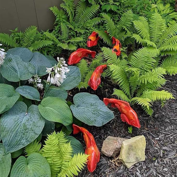 Koi Fish Decor Garden: 3 Pcs Resin Koi Fish Sculpture, Garden Fishes Statue with Stake, for Outdoors, Patio, Yard, Lawn, Pond and Home Decoration (Red)