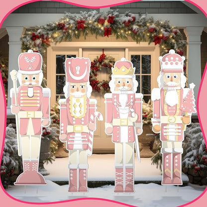 Geetery 4 Pcs Large Nutcracker Yard Sign with 16 Stakes 32 Inch Christmas Yard Decorations Outdoor Holiday Nutcracker Xmas Outside Lawn Decor for Garden Pathway Party(Pink,Cute)