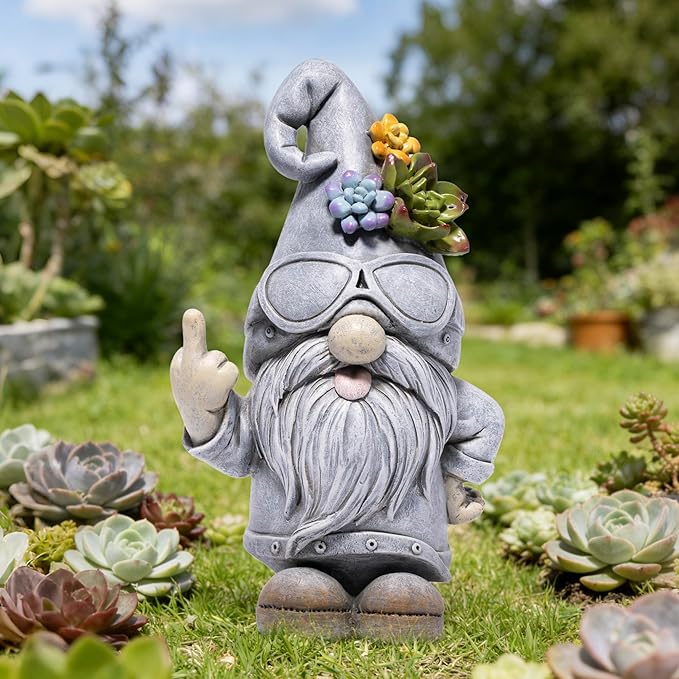basen Funny Garden Gnome Statue, Resin Outdoor Lawn Yard Decor, Cool Sunglasses Gnome Figurine with Succulent Hat Accent, Weatherproof Patio Porch Backyard Decoration, Unique Gift Idea
