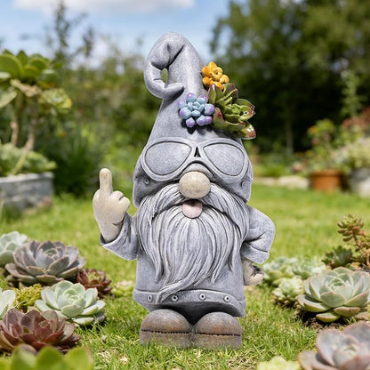 basen Funny Garden Gnome Statue, Resin Outdoor Lawn Yard Decor, Cool Sunglasses Gnome Figurine with Succulent Hat Accent, Weatherproof Patio Porch Backyard Decoration, Unique Gift Idea