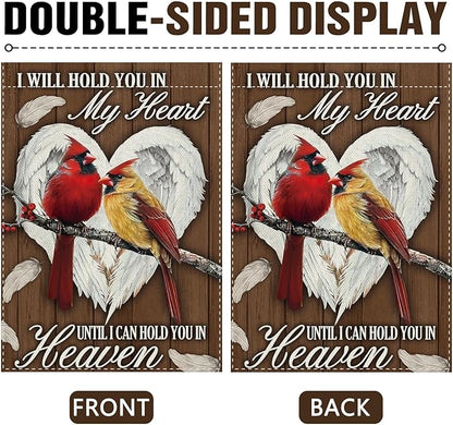 Dyrenson Christian Memorial Cardinal Decorative Garden Flag, Religious Red Birds Angel Wings Heart Cemetery Yard Outside Home Decoration, Farmhouse Burlap Outdoor Small Decor Double Sided 12 x 18