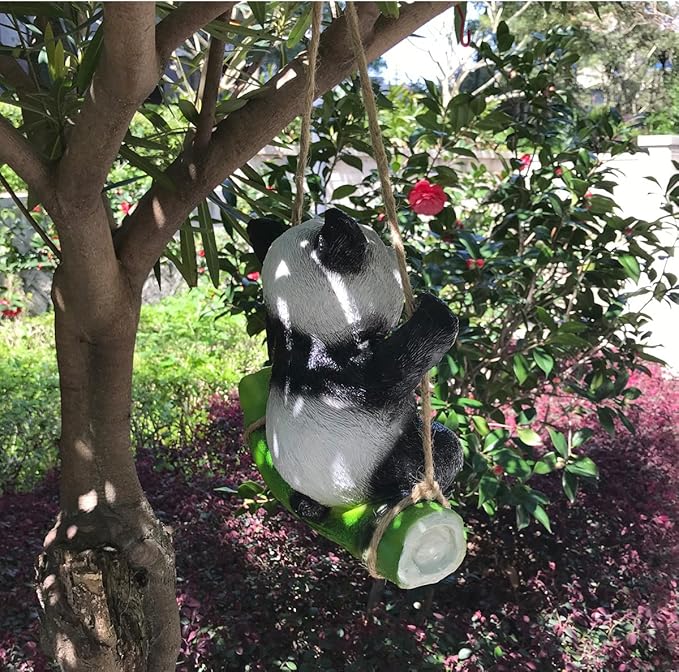 Cute Black and White Panda Swing on Bamboo Creative Statue for Garden Decoration