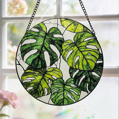 Stained Glass Window Hanging, 8 Inch Monstera Plant Suncatcher, Sun Catchers Indoor Window, Tropical Leaf Suncatchers for Windows Hanging, Spring Home Garden Decor Panel Plant Lover Gift for Women Mom