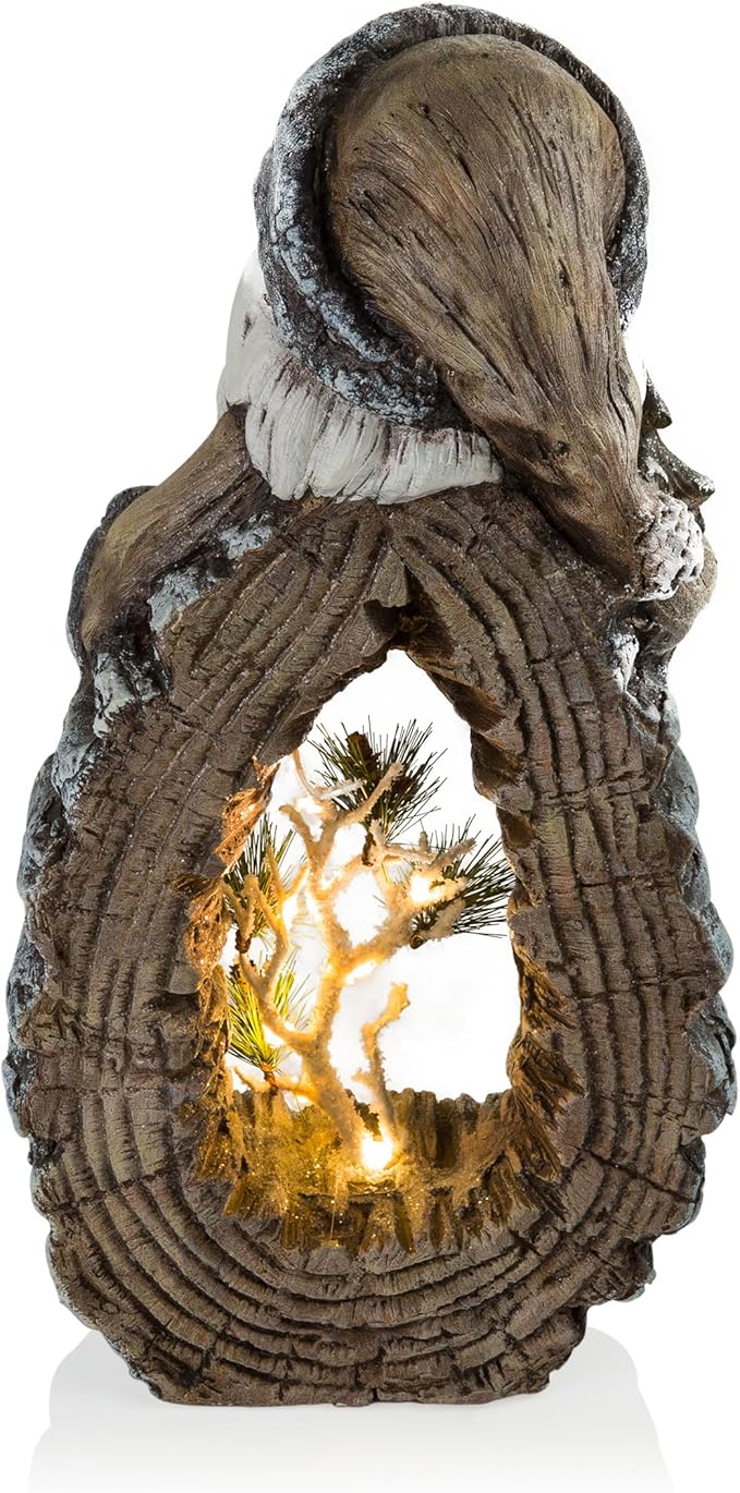 Alpine Corporation 21" Tall Santa Christmas Statue with Carved Wood Look and 16 Warm LED Lights, Timer Function, Indoor/Outdoor Holiday Decoration for Porch or Entryway