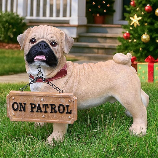 Sunny Pug Welcome Sign with Solar Lantern, Standing Yellow Pug Garden Sculpture for Balcony, Patio Nooks, Flower Borders & Entry Steps