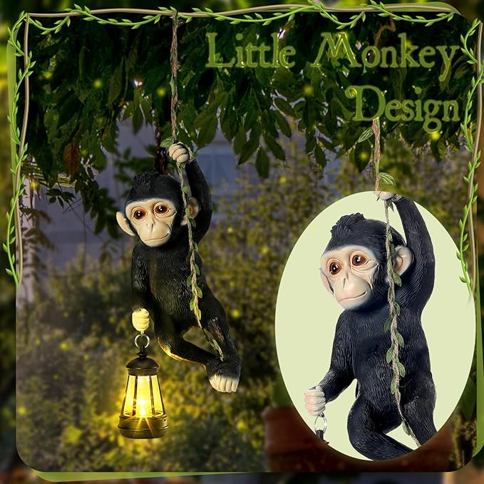 Rossesay Solar Light Outdoor Monkey Statues Black 13.78 Inch Resin Chimpanzee Baby Monkey Climbing on Vine with LED Lantern Waterproof Hanging Figurine with Hook for Yard Garden Wall