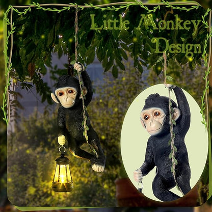 Rossesay Solar Light Outdoor Monkey Statues Black 13.78 Inch Resin Chimpanzee Baby Monkey Climbing on Vine with LED Lantern Waterproof Hanging Figurine with Hook for Yard Garden Wall