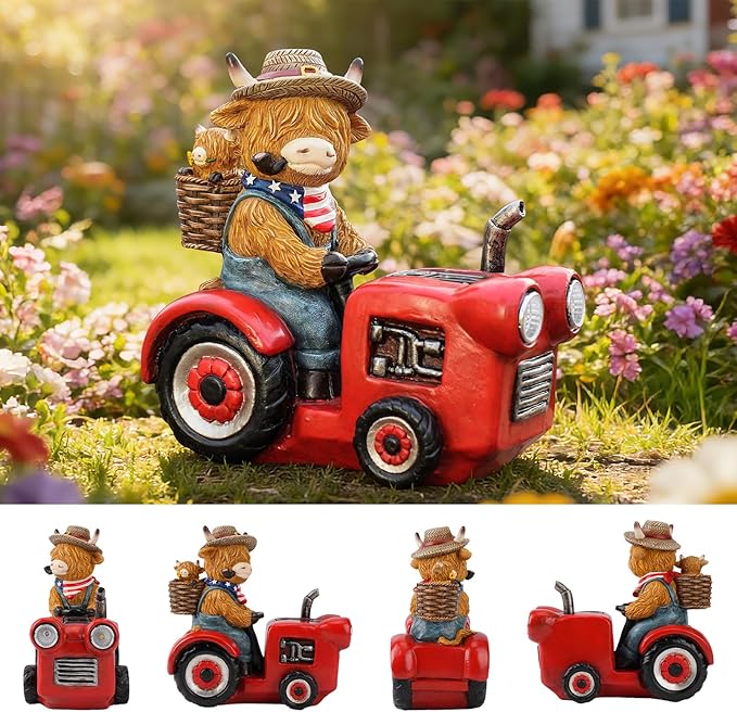 Groundhog Welcome Garden Statue with Solar Headlamp – Funny Animal Outdoor Yard Decor with LED Light and Butterfly – Waterproof Resin Garden Ornament for Patio, Lawn, Pathway (Tractor Cow)