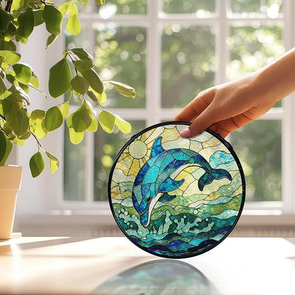 Dolphin Suncatchers Stained Glass Window Hanging, Beach Dolphin Gifts for Women, Coastal Ocean Sun Catchers Indoor Window Glass Round Wall Decor, Beachy Wall Hanging, 7.9x7.9in