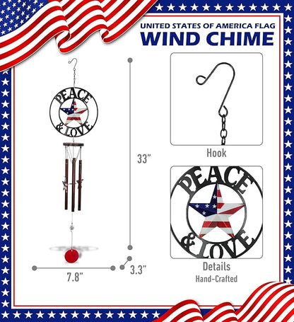 CoTa Global Peace and Love USA Flag Wind Chime - Handmade Metal Hanging Decor, Patriotic Garden Ornament with Copper-Tone Wind Chime Tubes, Indoor Outdoor Porch Patio Yard Decoration - 33 Inches