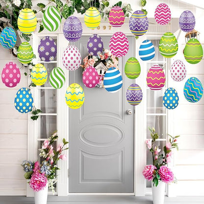 Yunlly 30 Pcs Easter Egg Decorations Outdoor Easter Tree Hanging Yard Signs 2 Size Colorful Egg Shaped Double Sided Plastic Slices Ornaments for Tree Porch Lawn Yard Outside Spring Party Decor