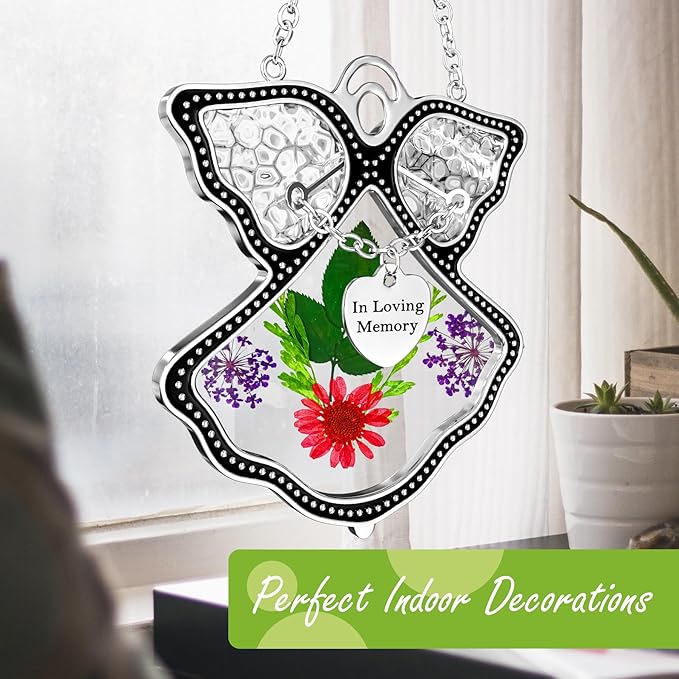KY&BOSAM Angle Suncatcher in Loving Memory Glass Sun Catchers for Windows Hanging Wind Chime Ornament Pressed Real Flower and Metal Heart Charm Sympathy Bereavement Memorial for Loss Gift