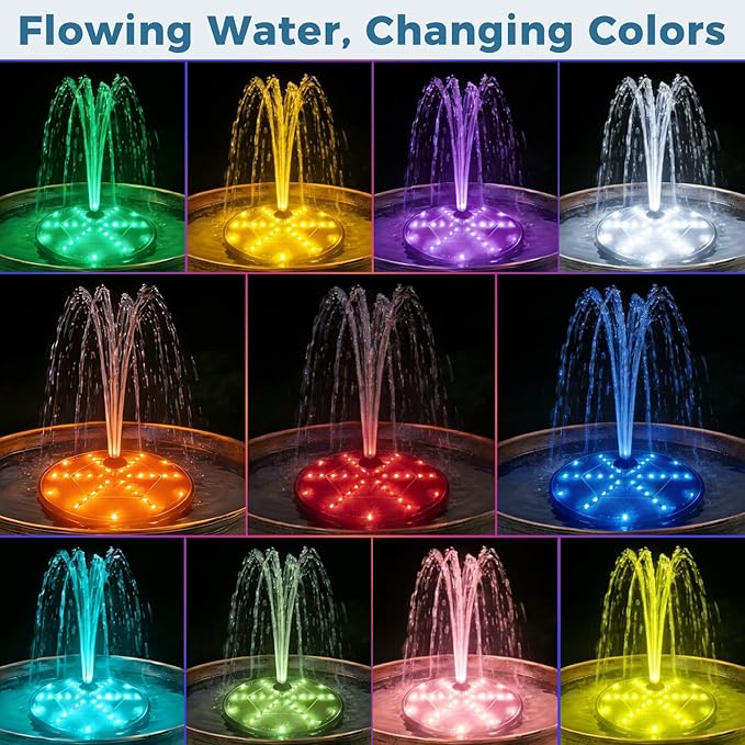 Solar Fountain for Bird Bath with Colorful LED Lights, Floating Solar Fountain, 3W Solar Powered Water Fountain Pump with Strong Spray & 5 Nozzles for Garden, Pond, Pool, 36 LED Lights