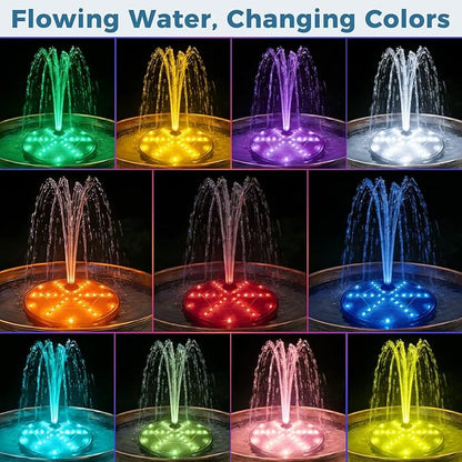 Solar Fountain for Bird Bath with Colorful LED Lights, Floating Solar Fountain, 3W Solar Powered Water Fountain Pump with Strong Spray & 5 Nozzles for Garden, Pond, Pool, 36 LED Lights