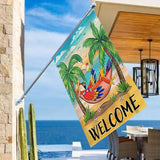 Welcome Summer Parrot Bird Decorative House Flag, Beach Coastal Tropical Palm Tree Garden Yard Outside Decorations, Hawaii Sunset Nautical Seasonal Outdoor Large Home Decor Double Sided 28 x 40