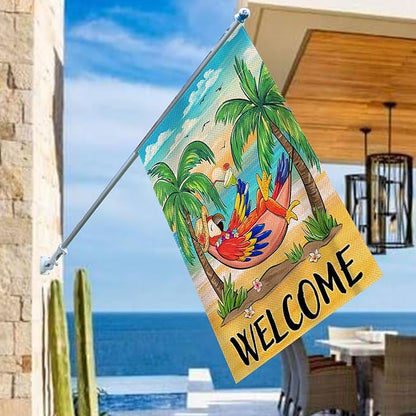 Welcome Summer Parrot Bird Decorative House Flag, Beach Coastal Tropical Palm Tree Garden Yard Outside Decorations, Hawaii Sunset Nautical Seasonal Outdoor Large Home Decor Double Sided 28 x 40