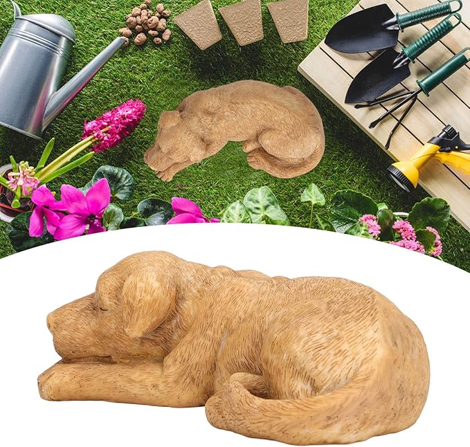 Hapivida Dog Garden Statue, 5.5in Mini Puppy Garden Memorial Stone Sleeping Dog Statue Decor Outdoor Resin Realistics Sculptures Gift Yellow