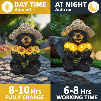 Solar Garden Decor Statues 7.5" Resin Black Bear Figurines with Sunflowers Featuring Straw Hat Waterproof Bear Decor for Outside Yard Patio Porch Decoration Gift for Mom Grandma