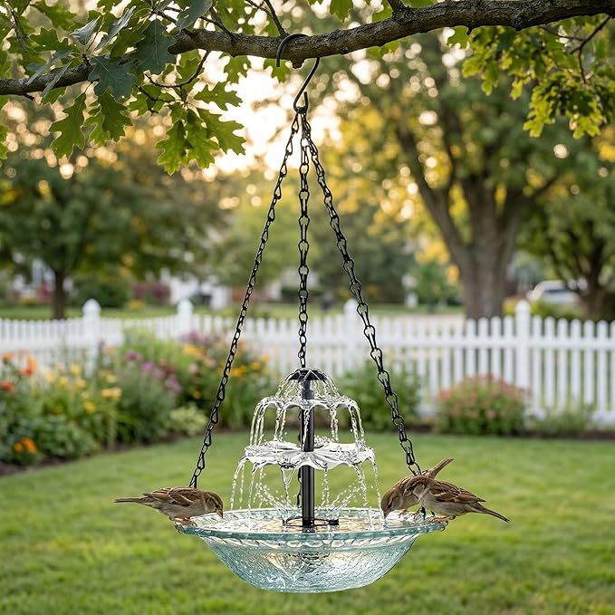 Solar Cascade Hanging Bird Bath Fountain, 2026 New Solar Fountain for Bird Bath Hanging Solar Bird Bath Fountain with Solars Pump & Bowl Decorative Garden Yard Patio (White)
