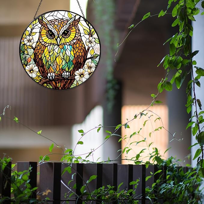 Owl Stained Glass Window Hanging Bird Light Sun Catcher Owls Lover Gifts for Women Christmas Suncatchers for Garden Home Windows Hanging Decoration, 7.87inch