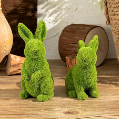 Easter Rabbit Decoration Horticulture Green Flocking Moss Sculpture Decoration Desktop Living Room Garden Easter Gift (Small 2PCS Standing+Sitting)