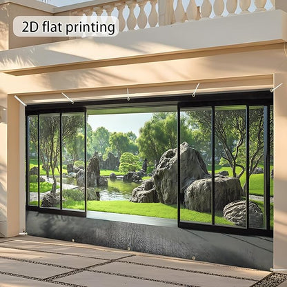 Garage door banner cover, 6x13 ft Spring Japanese Garden Backdrop, Courtyard Background Decoration Photo Banner (Japanese Garden)