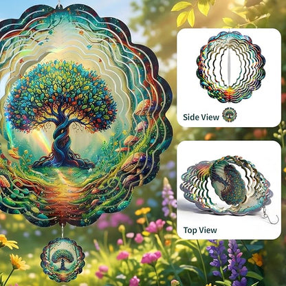 Tree of Life Wind Spinners Outdoor, 12In Stainless Steel Wind Spinners Outside, 3D Kinetic Hanging Sculpture, Rustproof Metal Garden Decor Ornaments for Yard Art, Women, Men, Holidays