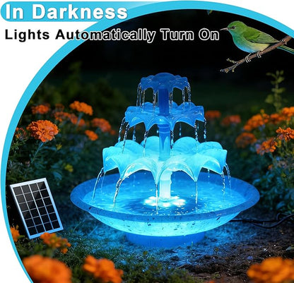 3.5W Solar Fountain Pump for Bird Bath, 3-Tier Blue Solar Water Pump with 8 LED Lights, 32.8FT Power Cord and Adapter Included, Dual-Powered for 24/7 Use for Garden, Pond, Pool, Fish Tank and Lawn